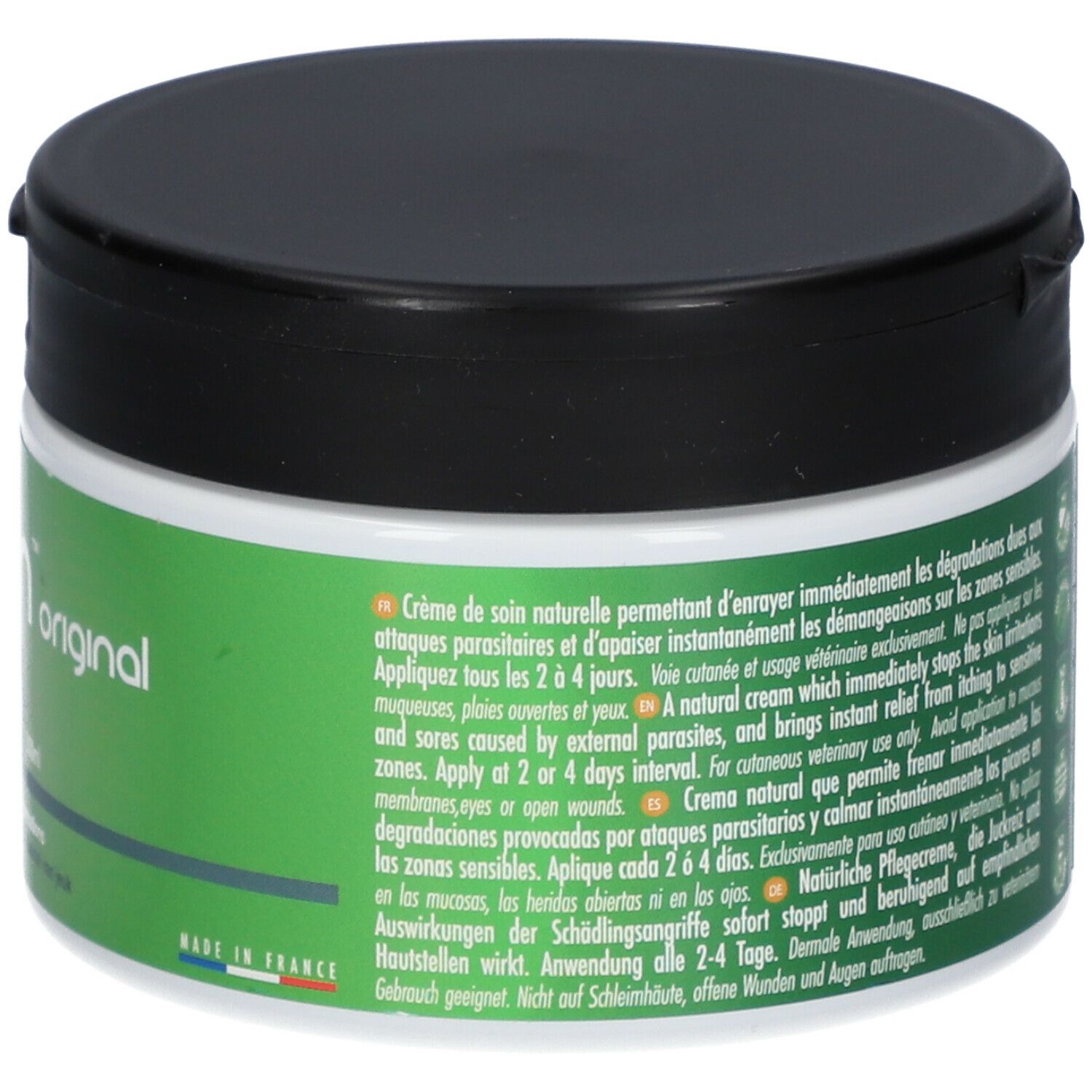 Rückseite der Creme-Dose mit Text. Enthält Informationen zur Anwendung. Hergestellt in Frankreich.