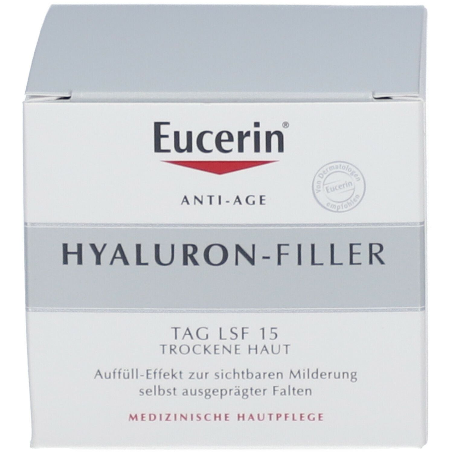 Eucerin HYALURON-FILLER Tagespflege für trockene Haut. Weiße Faltschachtel mit Produktnamen und Logo. Enthält LSF 15.