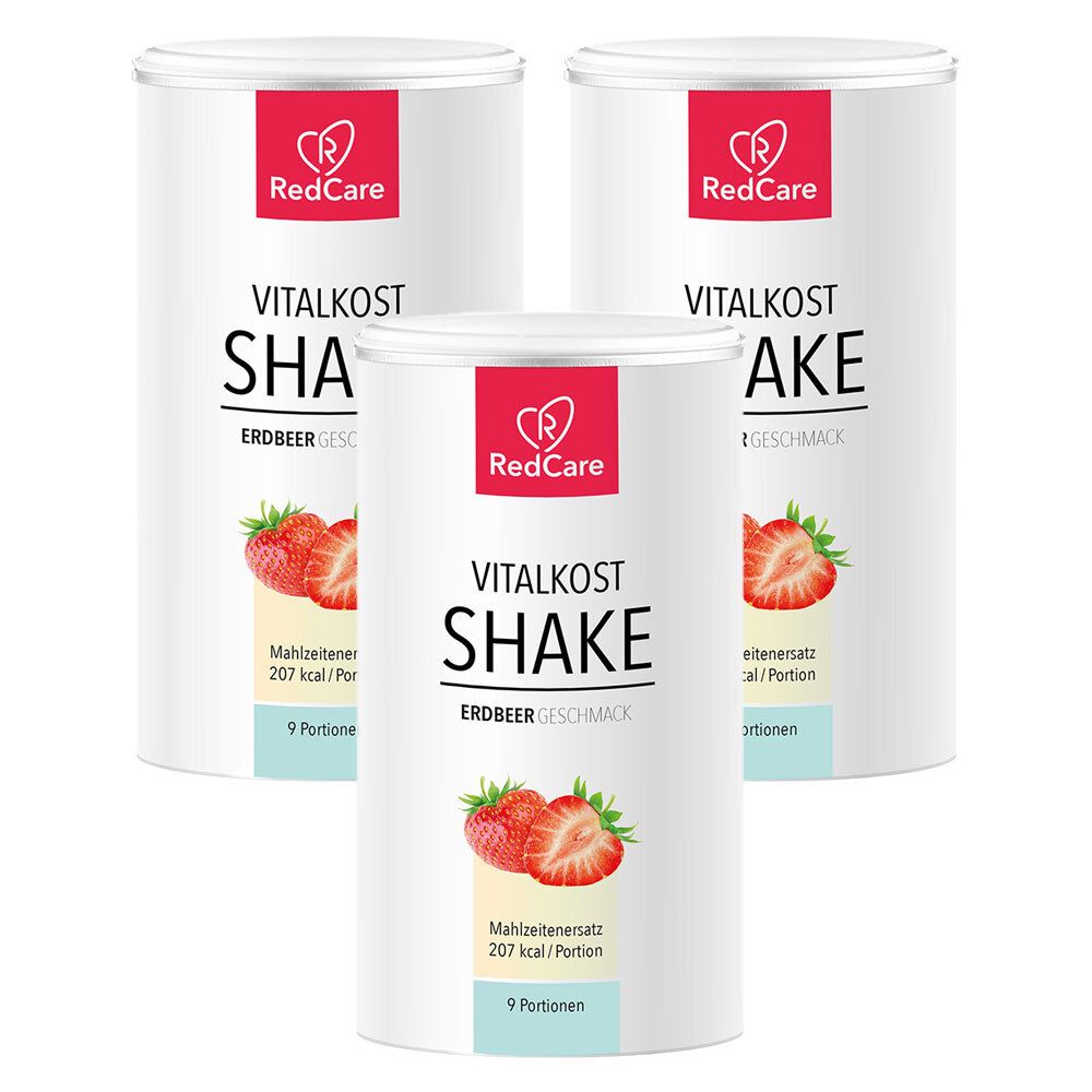 Drei Dosen RedCare Vitalkost Shake Erdbeergeschmack. Weiße Dosen mit rotem Deckel und Erdbeer-Abbildung.
