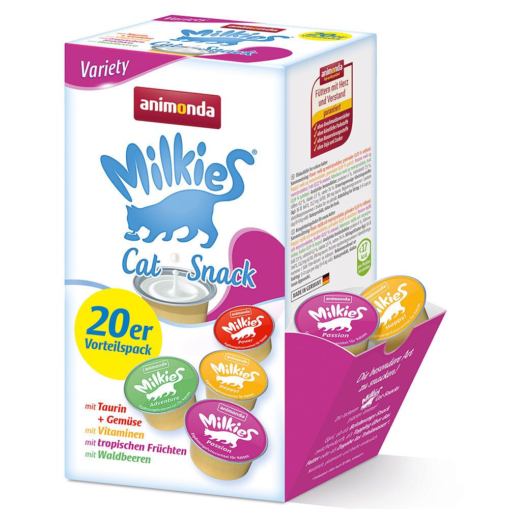 Animonda Milkies Cat Snack, 20er Vorteilspack. Geöffnete Packung mit Bechern in verschiedenen Farben. Aufdrucke: Milkies, Katze, Vitamine.