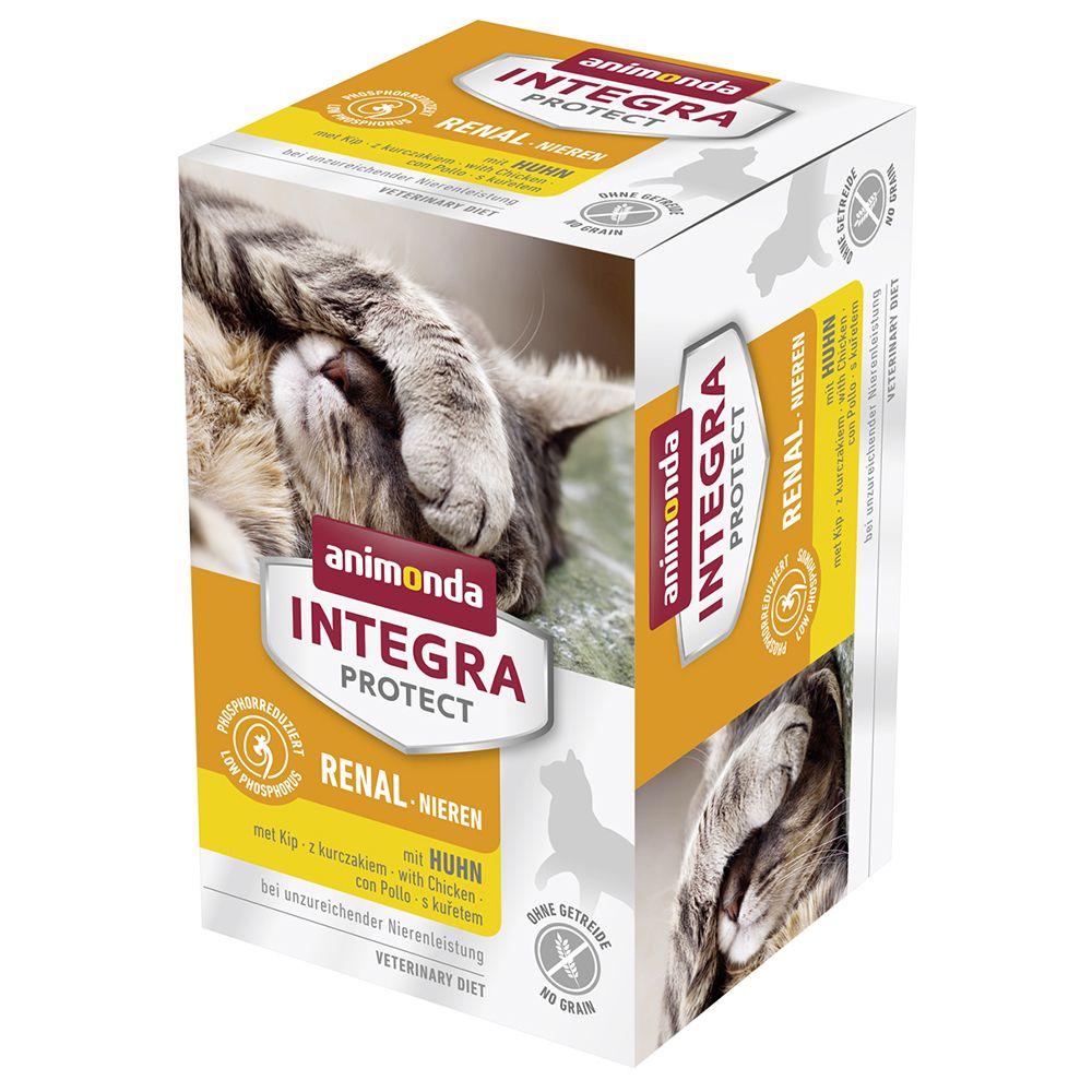 Karton von animonda Integra Protect Renal-Nieren. Aufdruck mit Katze, Produktname und Text. Gelb-weiße Verpackung.