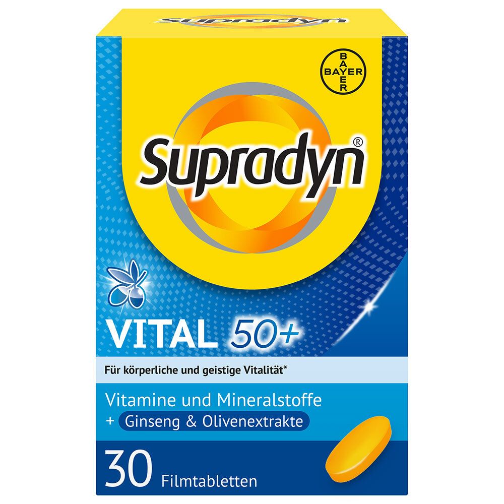 Gelbe Schachtel mit Supradyn Vital 50+ Tabletten. Enthält 30 Filmtabletten. Bayer-Logo.