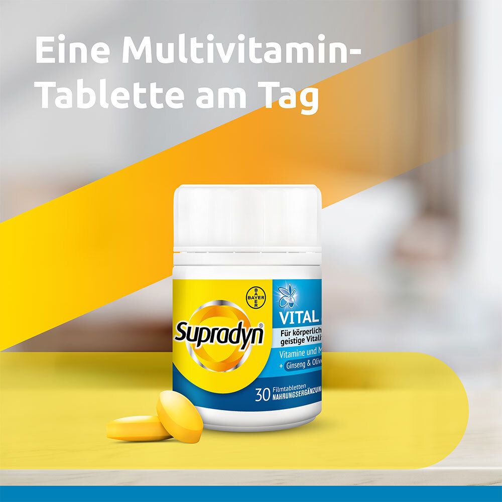 Weiße Flasche mit Supradyn Vital 50+ Tabletten und zwei gelben Tabletten. Text: Eine Multivitamin-Tablette am Tag.