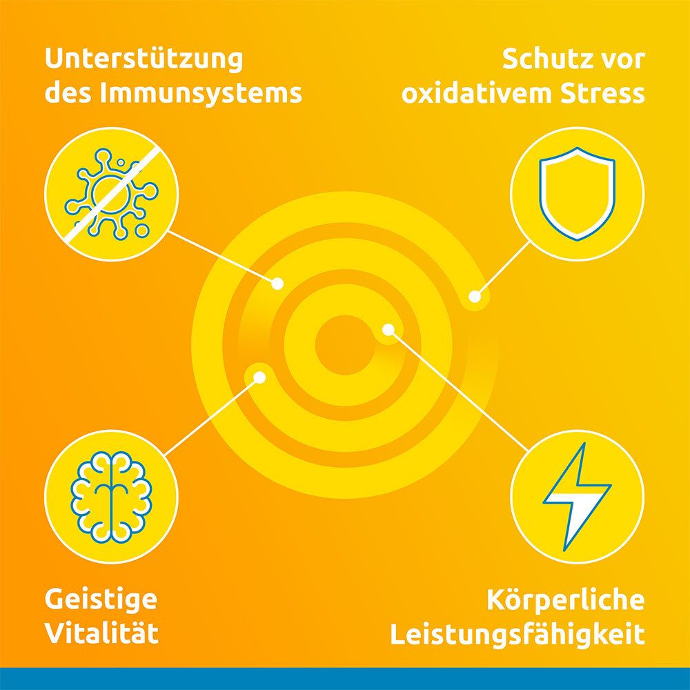Infografik mit Kreisen und Symbolen. Themen: Immunsystem, oxidativer Stress, geistige und körperliche Leistungsfähigkeit.