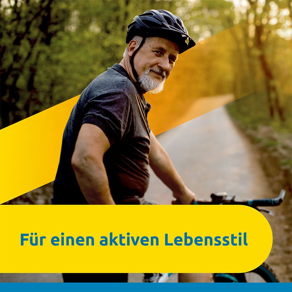 Älterer Mann auf dem Fahrrad. Text: Für einen aktiven Lebensstil.