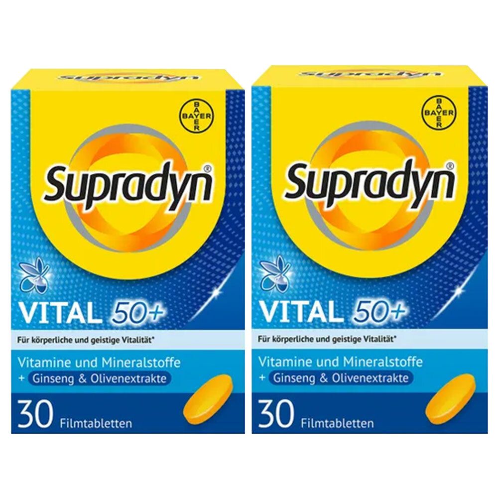 Zwei Schachteln Supradyn Vital 50+ mit gelbem Hintergrund. Aufschrift: Supradyn, Vital 50+, 30 Filmtabletten. Bayer-Logo.