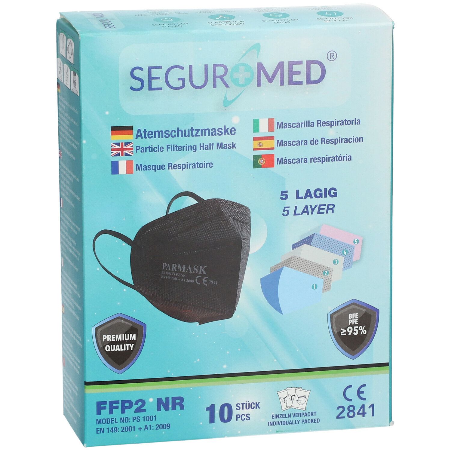 SEGURMED® FFP2 Atemschutzmaske schwarz 5-lagig 10 Stück