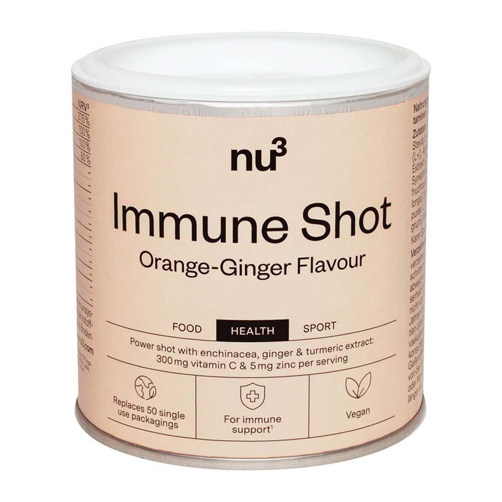 Beige Dose mit weißem Deckel. Aufschrift: nu3 Immune Shot Orange-Ginger Flavour. Enthält Vitamin C & Zink.