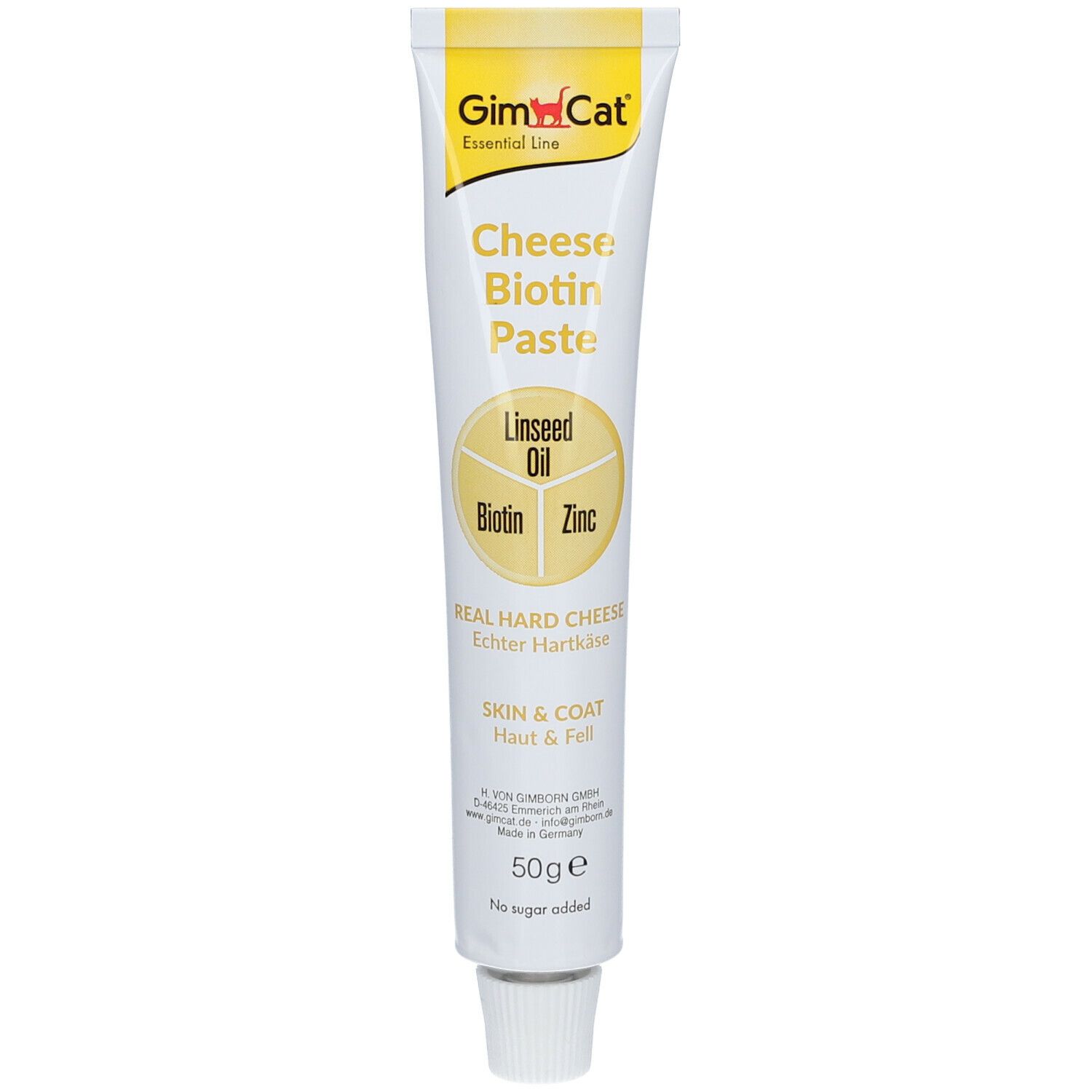Tube mit GimCat Cheese Biotin Paste. Aufschrift: Cheese Biotin Paste, Linseed Oil, Biotin, Zinc, Skin & Coat. 50g.