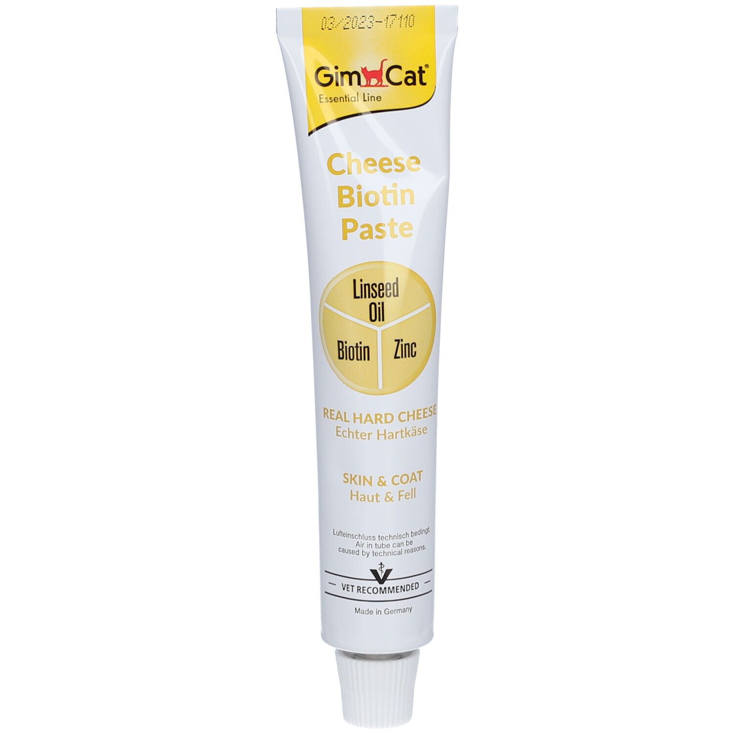 Tube GimCat Cheese Biotin Paste. Aufschrift: Cheese Biotin Paste, Linseed Oil, Biotin, Zinc, Skin & Coat. Mit Datum. Vet Recommended.