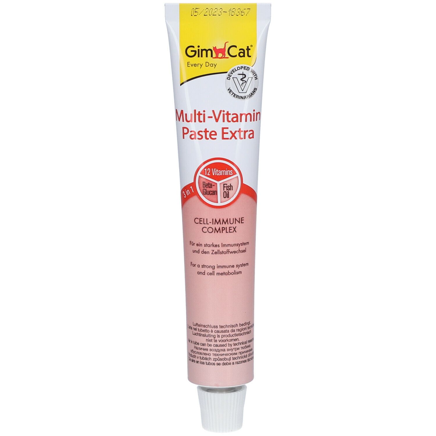 Tube mit GimCat Multi-Vitamin Paste Extra. Aufschrift: 12 Vitamine, Beta-Glucan, Fischöl. Cell-Immune Complex.