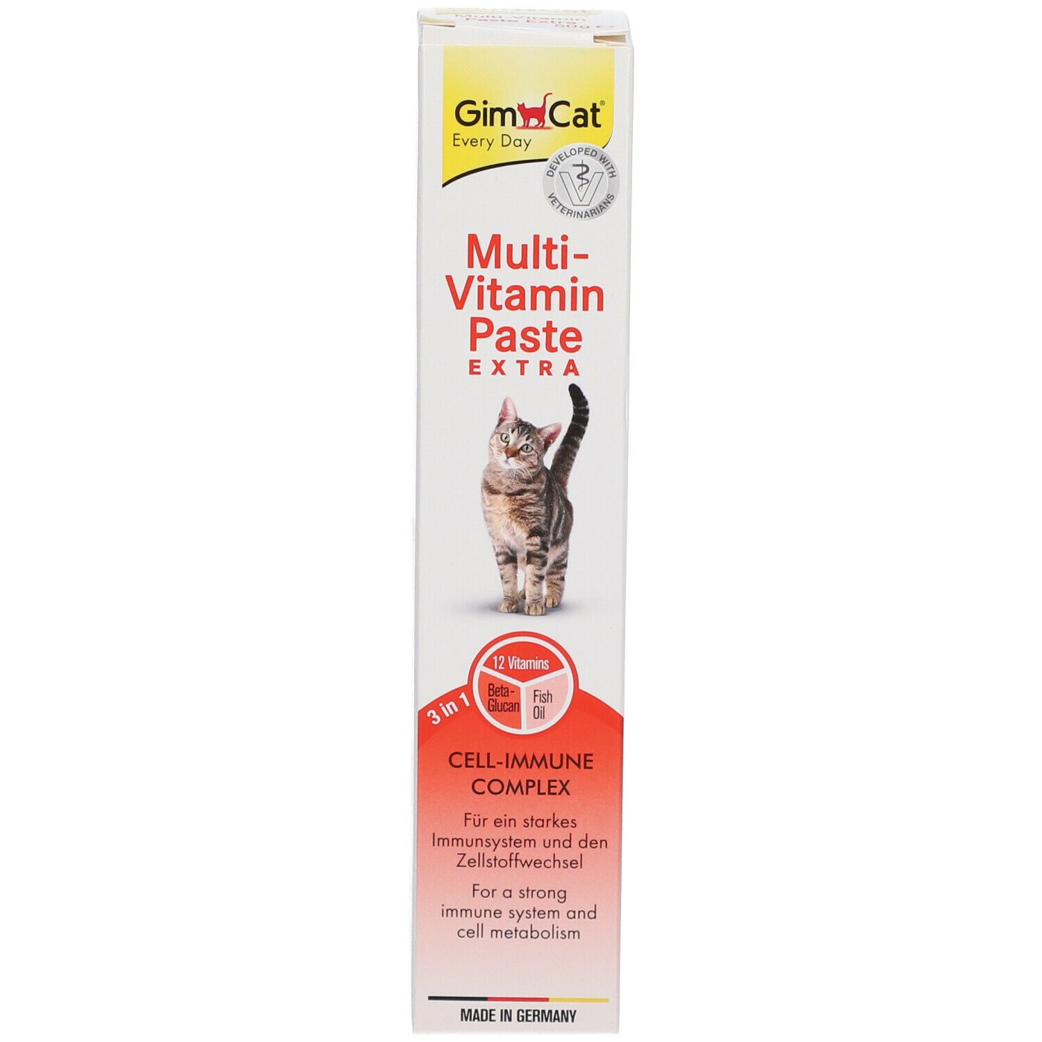 Verpackung GimCat Multi-Vitamin Paste Extra. Aufschrift: 12 Vitamine, Beta-Glucan, Fischöl. Cell-Immune Complex. Katze.