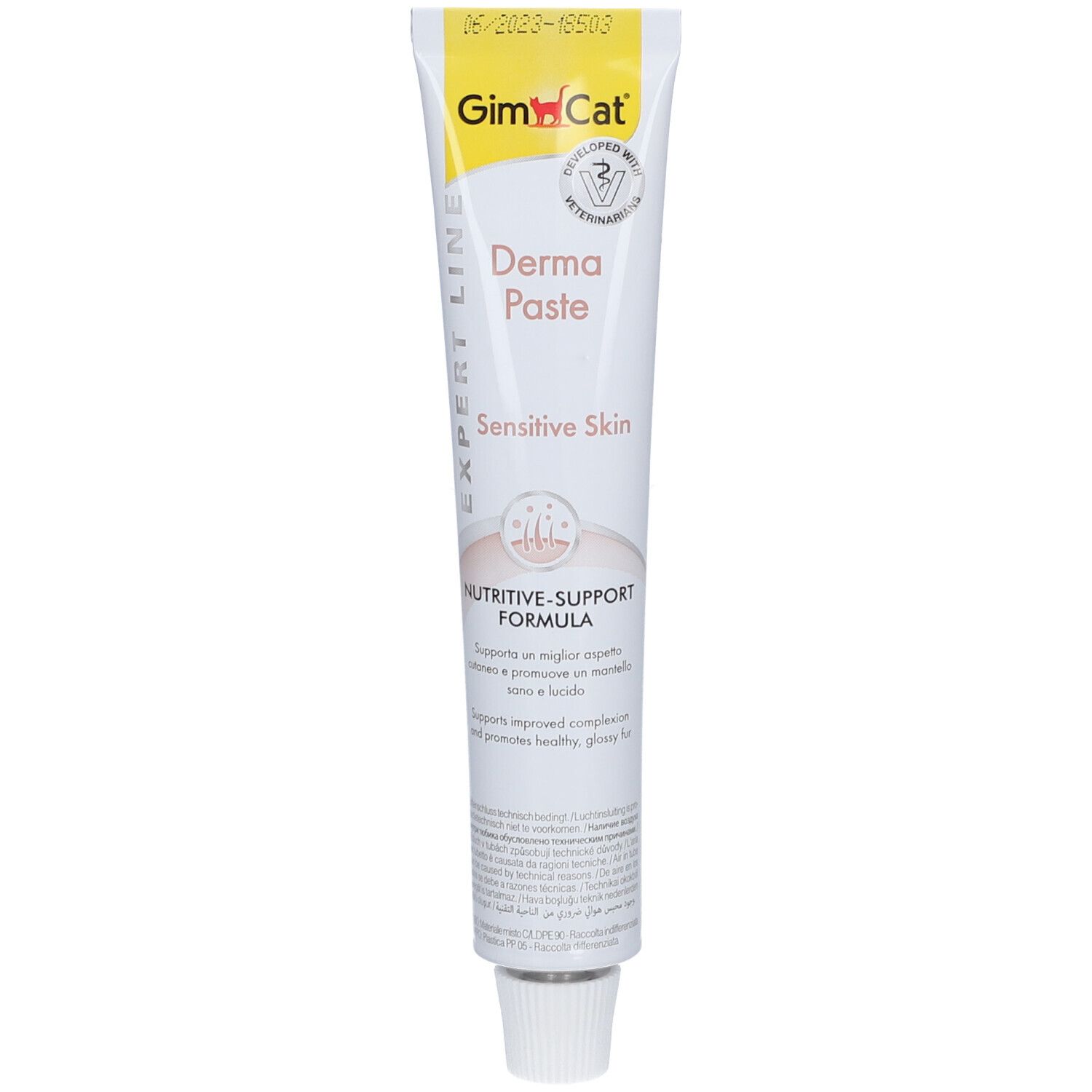 Tube GimCat Derma Paste für empfindliche Haut. Enthält eine Nutritive-Support-Formel. 50g. Mit Datum.