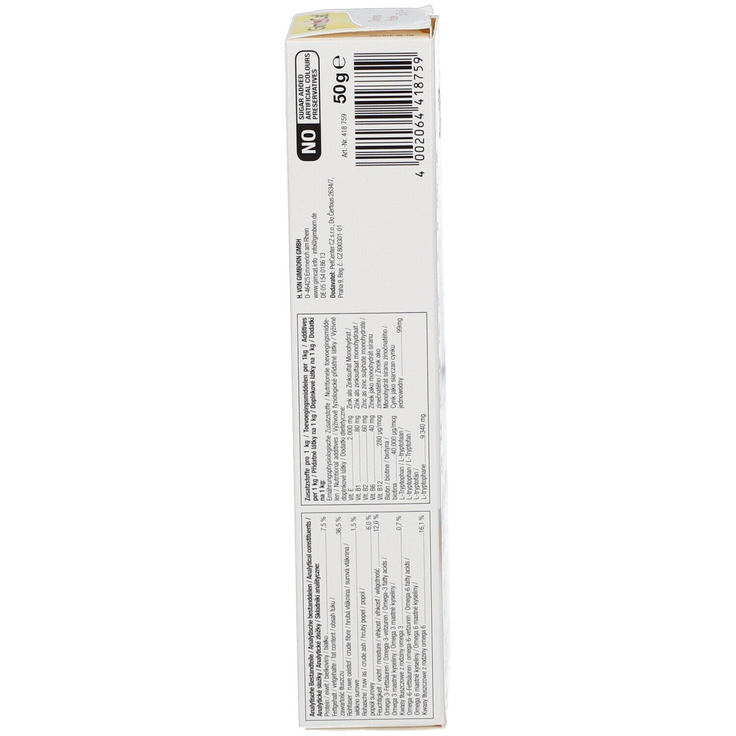 Verpackung GimCat Derma Paste. Rückseite mit Nährwertangaben und Inhaltsstoffen. 50g.