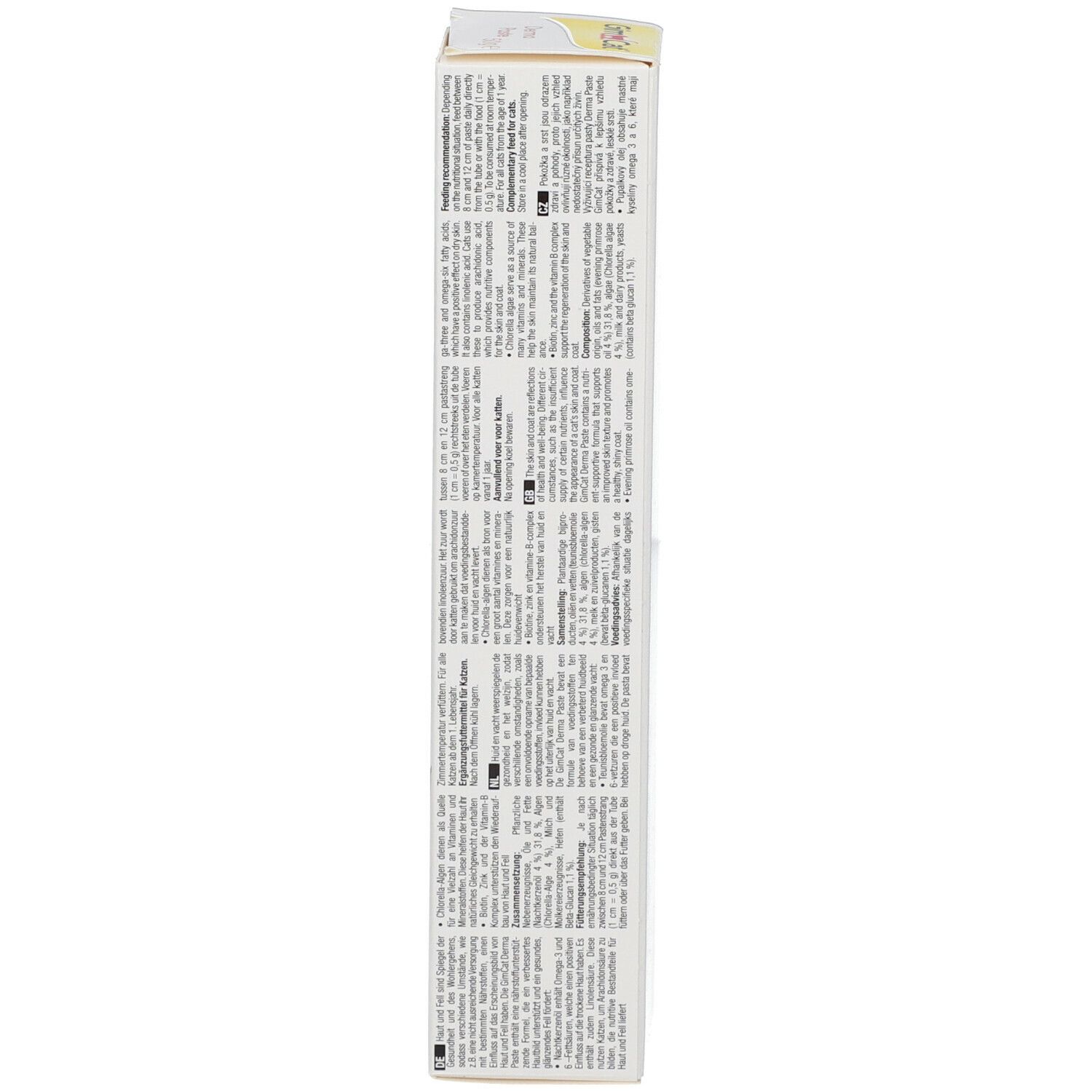 Verpackung GimCat Derma Paste. Rückseite mit Text. 50g.
