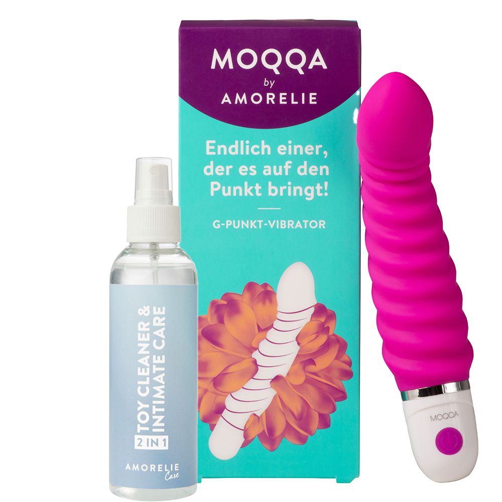 Set mit MOQQA by AMORELIE G-Punkt-Vibrator, Intensiv-Gel und Toy Cleaner.