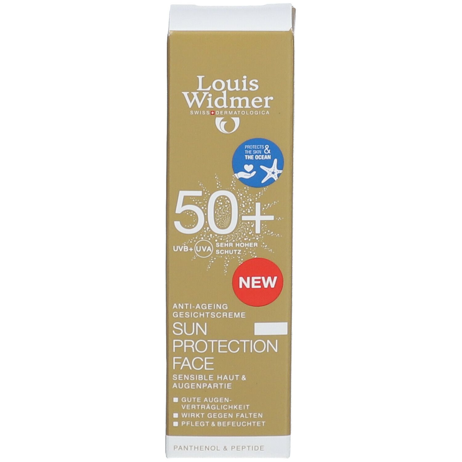 Goldfarbene Verpackung von Louis Widmer Sun Protection Face LSF 50+. Mit Aufschrift "50+", "Sun Protection Face" und "NEW".
