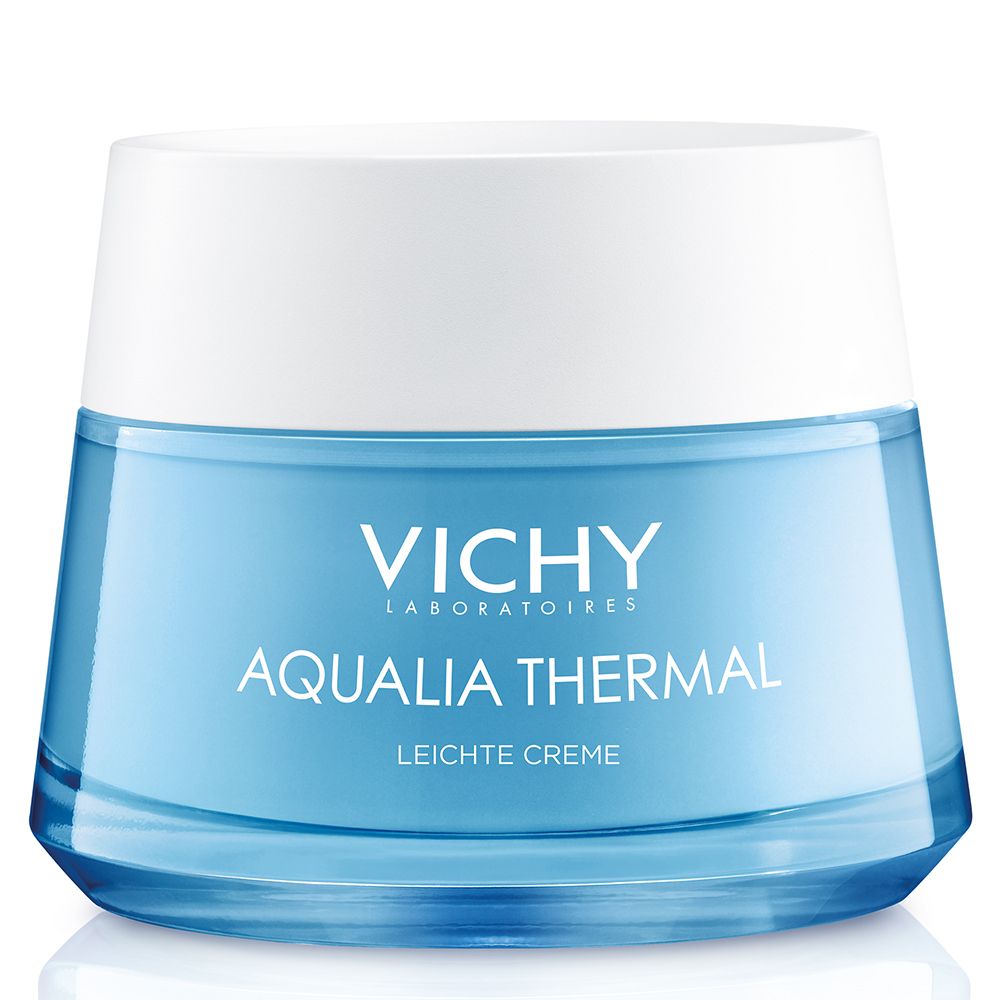 Hellblaue Creme-Dose mit weißem Deckel. Aufschrift: VICHY, AQUALIA THERMAL, Leichte Creme.