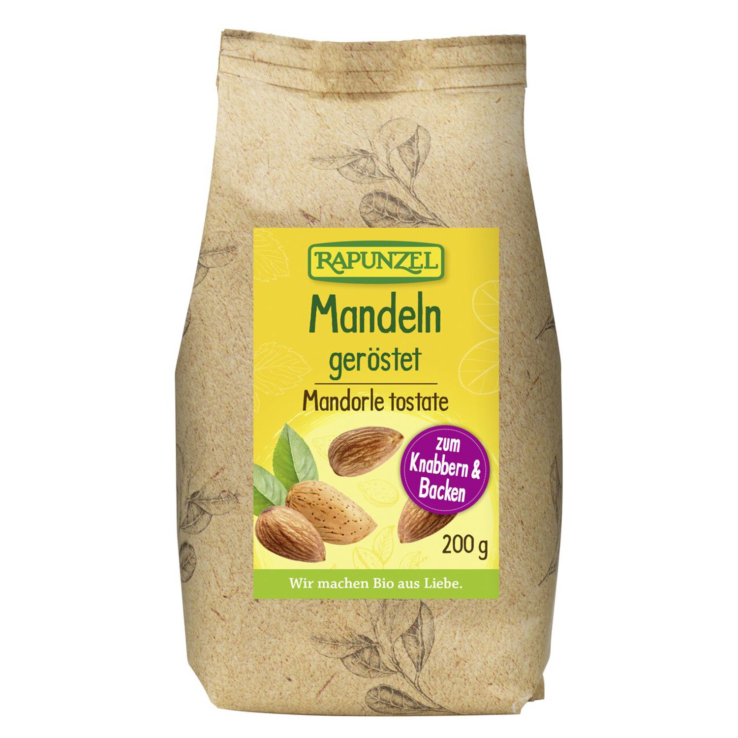 Beutel mit gerösteten Mandeln. Gelbes Etikett mit Produktname, Mandeln und Blättern. 200g.