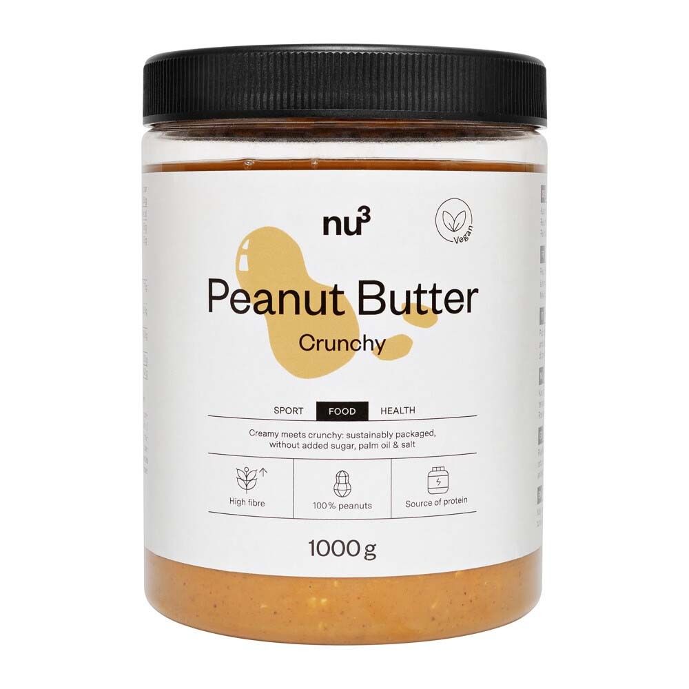 nu3 Erdnussbutter crunchy in einem transparenten Behälter mit schwarzem Deckel. 1000g.