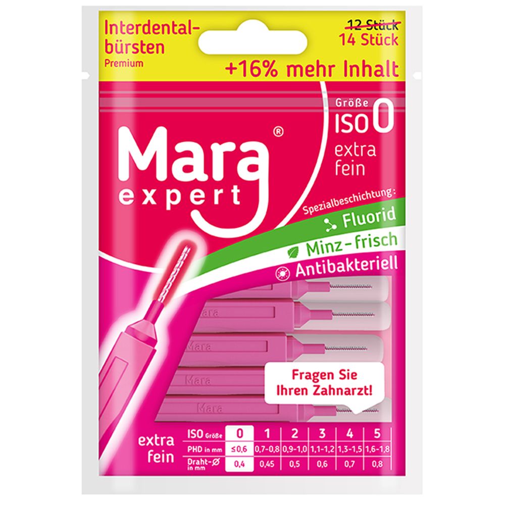 Rosa Verpackung mit Interdentalbürsten. Text: Mara expert, Größe 0 extrafein, 12 Stück, +16% mehr Inhalt. Spezialbeschichtung: Fluorid, Minz-frisch, Antibakteriell.