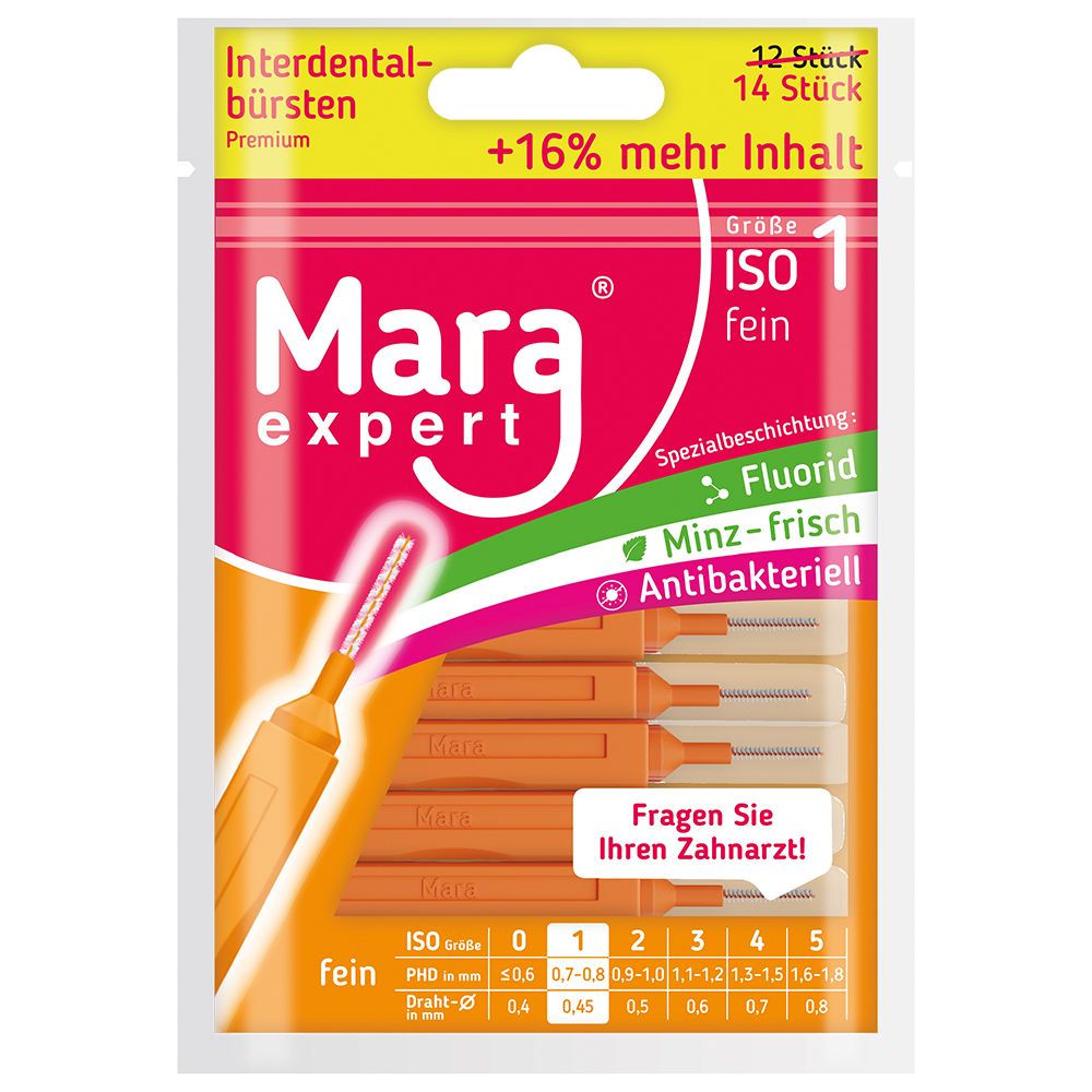 Verpackung mit Mara expert Interdentalbürsten ISO 1 fein. Orangefarbene Bürsten mit Griff. Text: Fluorid, Minz-frisch, antibakteriell.