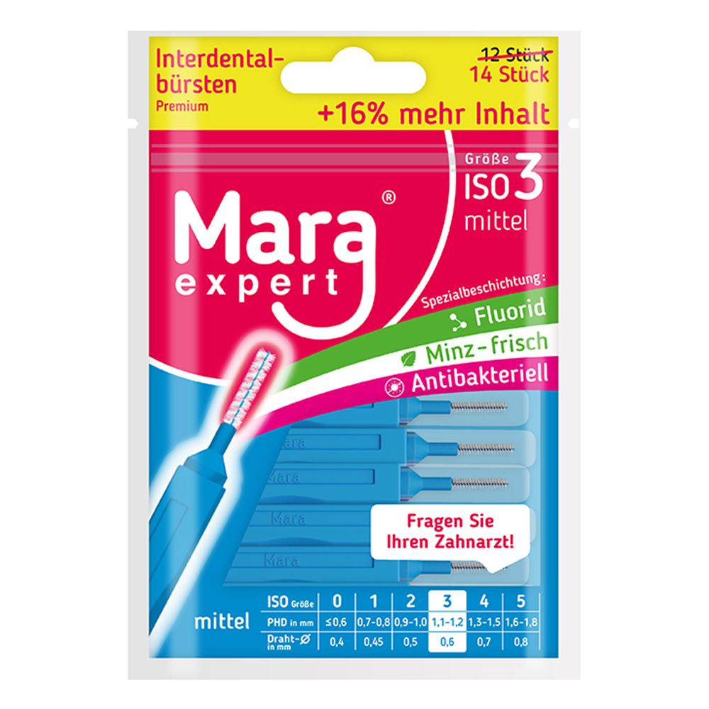 Packung Mara expert Interdentalbürsten, Größe 3 mittel. Enthält 14 Stück. Aufschrift: Fluorid, Minz-frisch, antibakteriell.