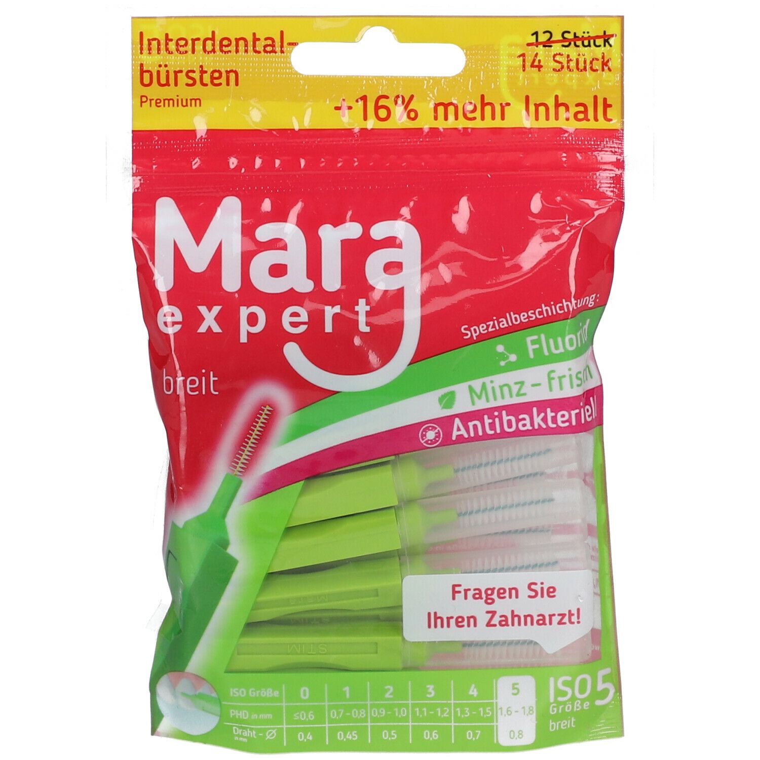 Verpackung mit Mara expert Interdentalbürsten ISO 5 breit. Rote Verpackung, grüne Bürsten. Text: 16% mehr Inhalt, Minz-frisch, antibakteriell.