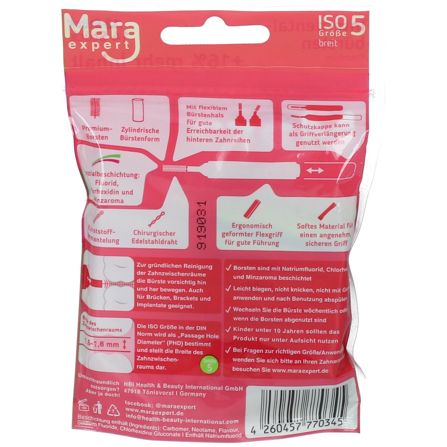 Rückseite der Verpackung von Mara expert Interdentalbürsten ISO 5 breit. Text und Illustrationen zu den Merkmalen und Inhaltsstoffen.