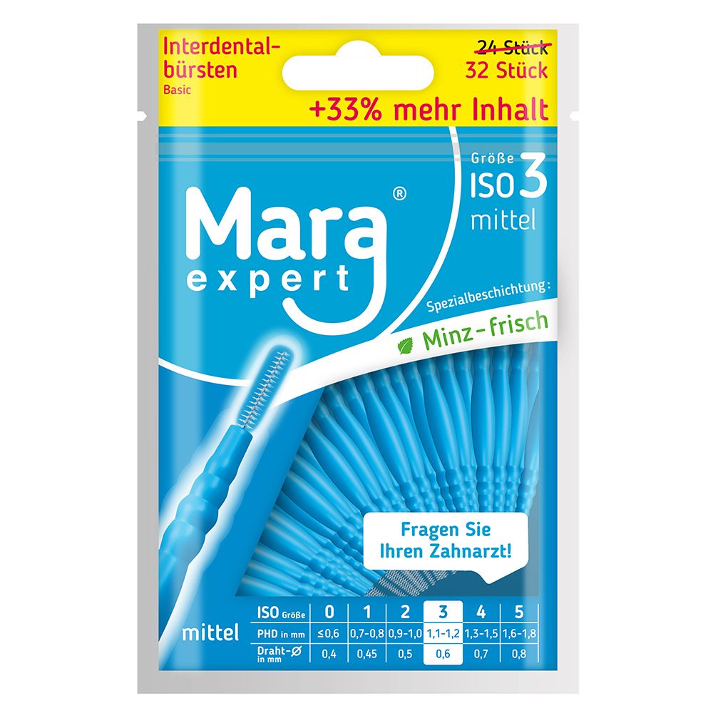 Verpackung mit blauen Mara expert Interdentalbürsten ISO 3 mittel. 24 Stück, 32 Inhalt. Spezialbeschichtung Minz-frisch. ISO-Größe 3.