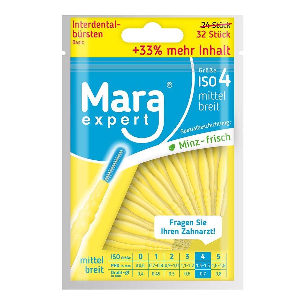 Verpackung mit gelben Interdentalbürsten. Aufschrift: Mara expert, Größe ISO 4 mittelbreit, 32 Stück. Spezialbeschichtung Minz-frisch.