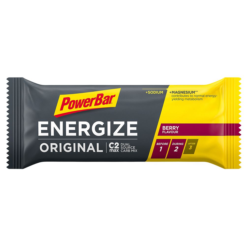 Energieriegel mit der Aufschrift PowerBar Energize Original Berry. Verpackung in Schwarz und Gelb mit Produktinformationen.