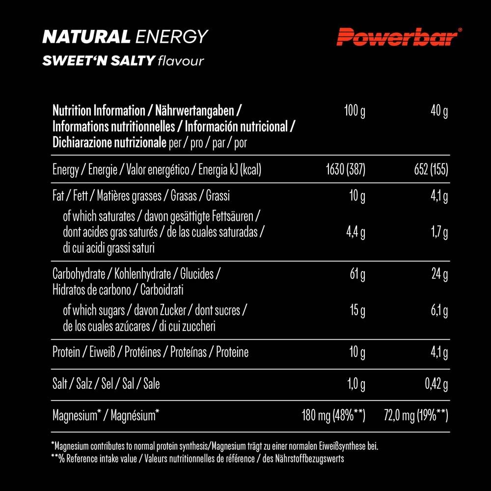 Nährwerttabelle für PowerBar Natural Energy Sweet'n Salty. Informationen zu Energie, Fett, Kohlenhydraten, Zucker, Eiweiß und Salz.