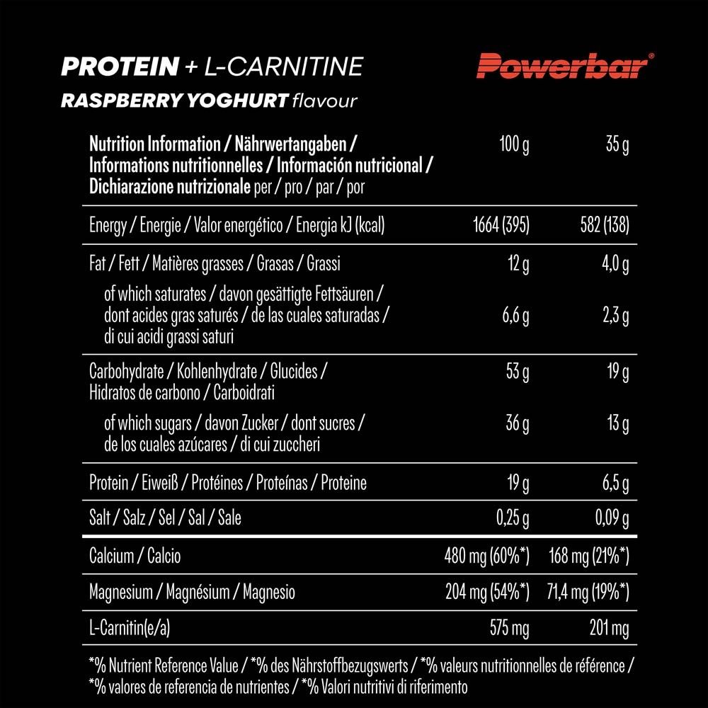 Nährwerttabelle für Proteinriegel. Angaben in Deutsch, Französisch, Italienisch und Spanisch. Enthält Energie, Fett, Kohlenhydrate, Protein, Salz.