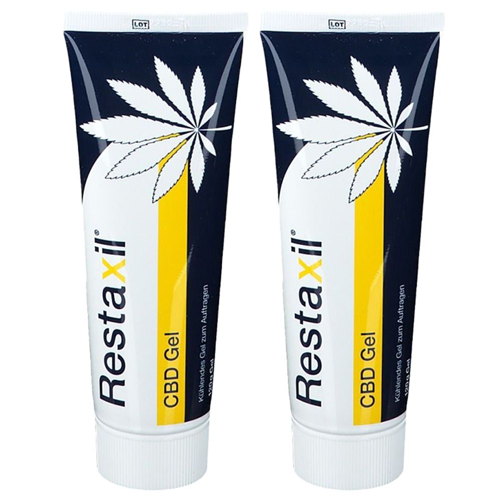 Zwei Tuben Gel. Aufschrift: Restaxil CBD Gel. Oben links: LOT. Auf jeder Tube ein weißes Blatt auf blauem Grund und gelber Streifen.