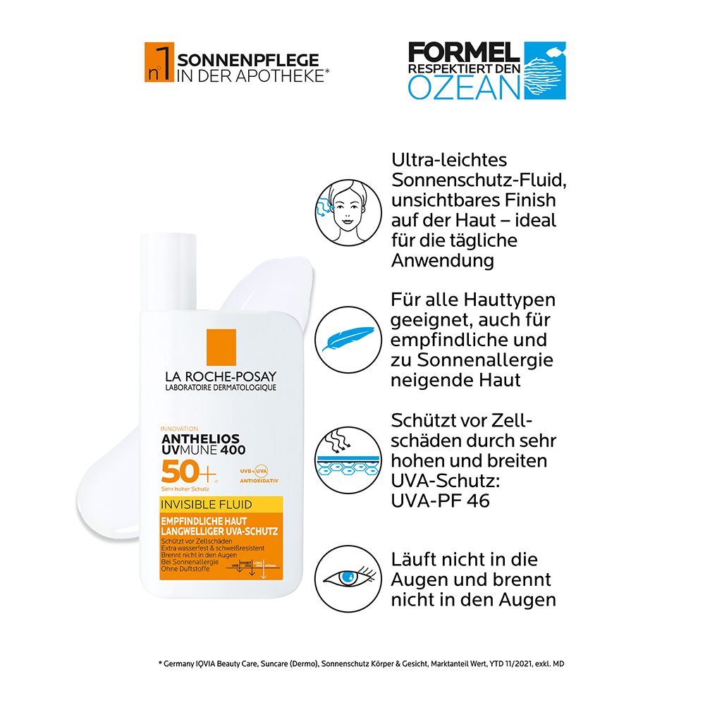 La Roche Posay Anthelios Invisible Fluid UVMune 400 LSF 50+: Sonnencreme für das Gesicht für zu Sonnenallergie neigende und empfindliche Haut