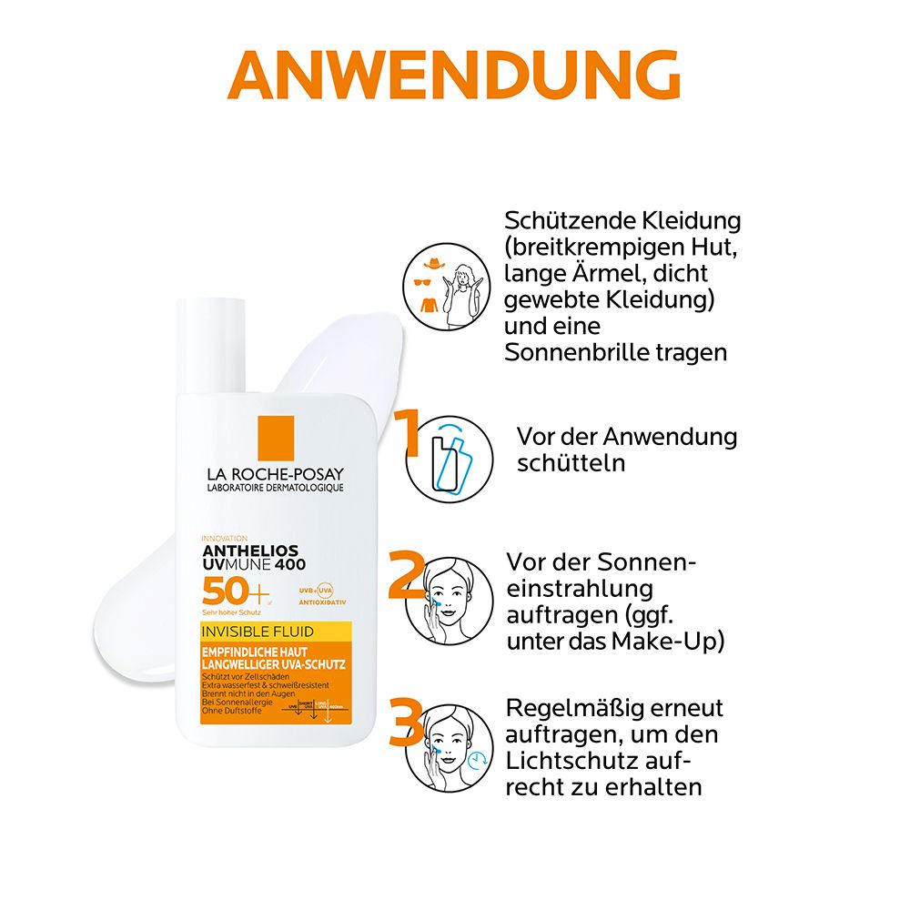 La Roche Posay Anthelios Invisible Fluid UVMune 400 LSF 50+: Sonnencreme für das Gesicht für zu Sonnenallergie neigende und empfindliche Haut