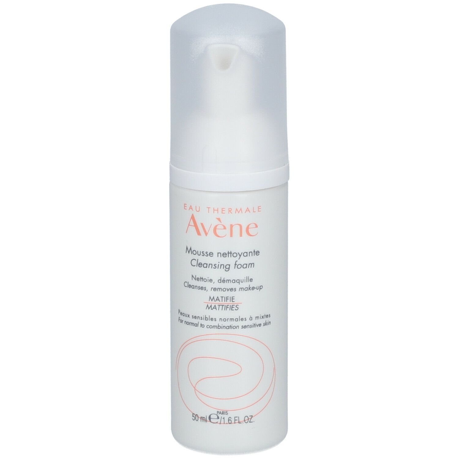 Weiße Flasche mit Pumpverschluss. Aufschrift: Eau Thermale Avène, Mousse nettoyante, Cleansing foam. Text: Matifie. 50 ml.