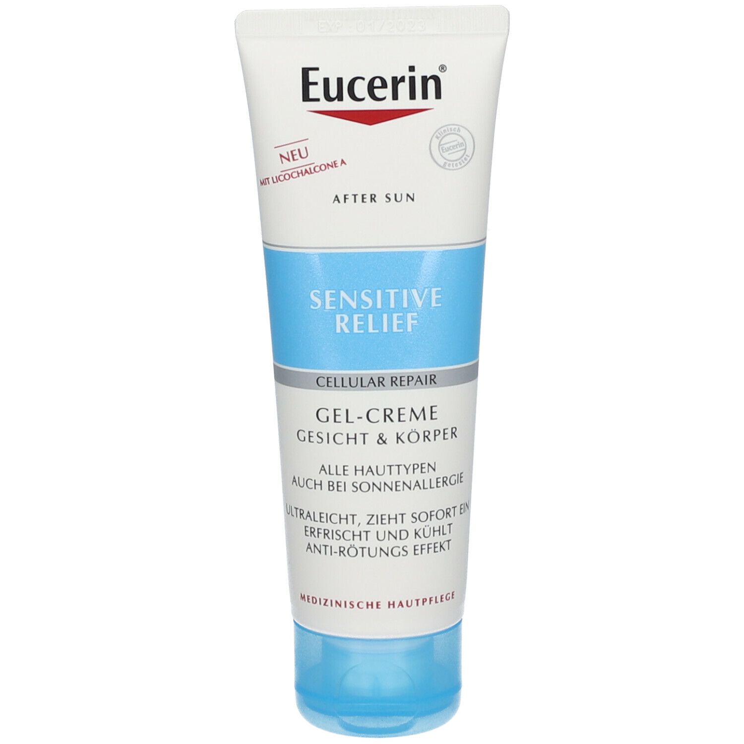 Weiße Tube Eucerin After Sun Sensitive Relief Gel-Creme. Blauer Streifen mit Schriftzug. Roter Logo-Streifen. Deckel blau.