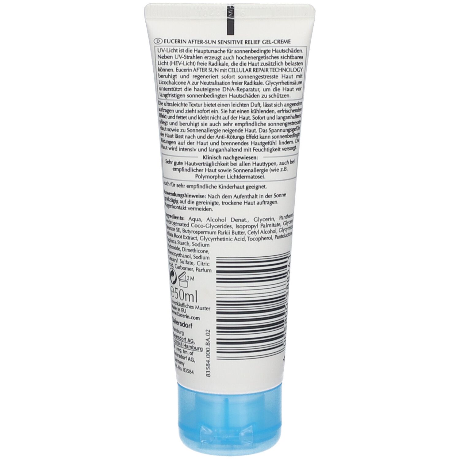 Rückseite der Eucerin After Sun Tube. Text in mehreren Sprachen. Inhaltsstoffe und Volumenangabe: 50ml.