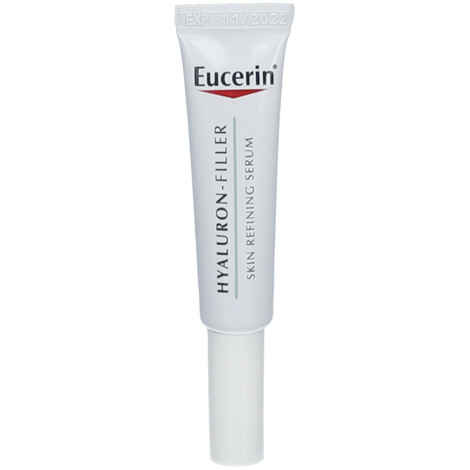 Weißes Serum-Tübchen mit weißem Schraubverschluss. Aufschrift: Eucerin, Hyaluron-Filler, Skin Refining Serum.