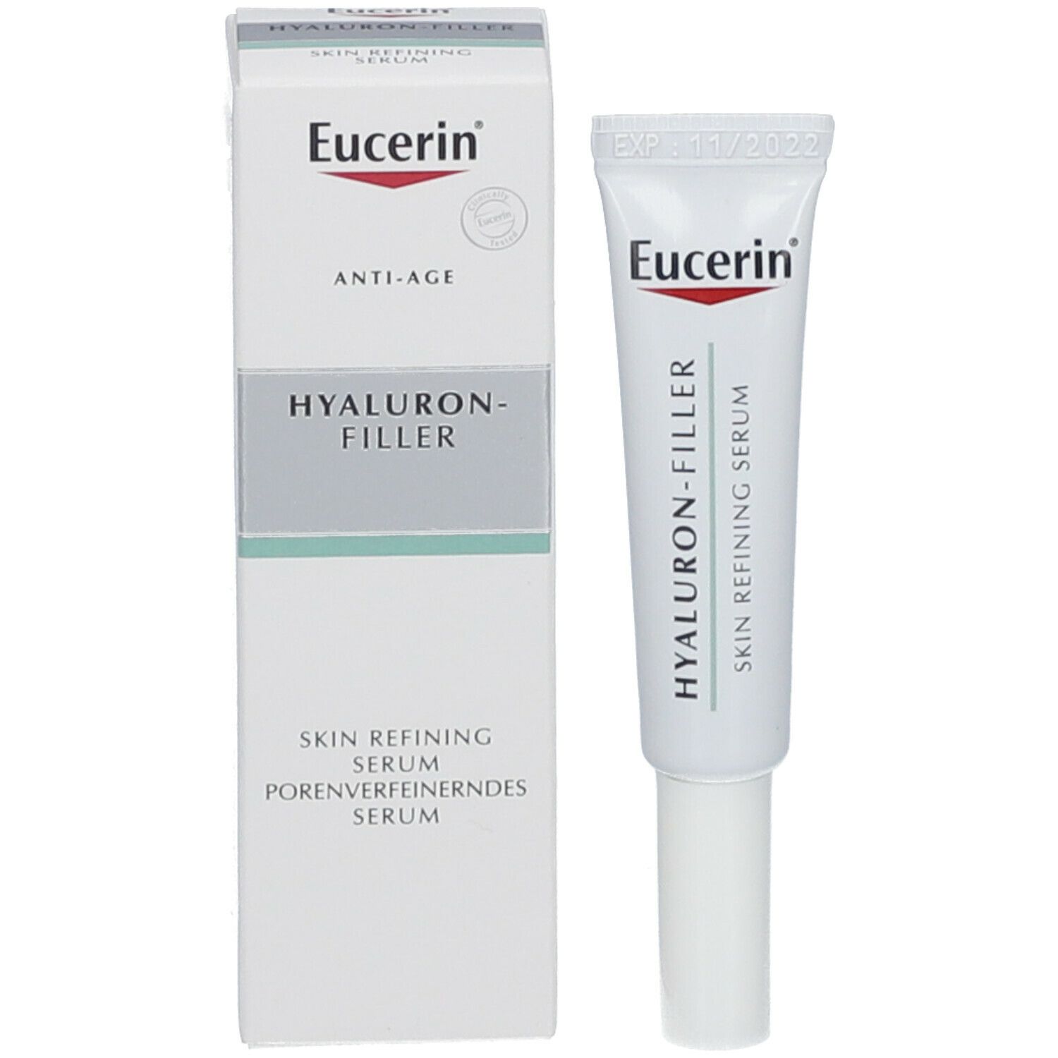 Produktverpackung mit Serum-Tübchen. Aufschrift: Eucerin, Anti-Age, Hyaluron-Filler, Skin Refining Serum, Porenverfeinerndes Serum.