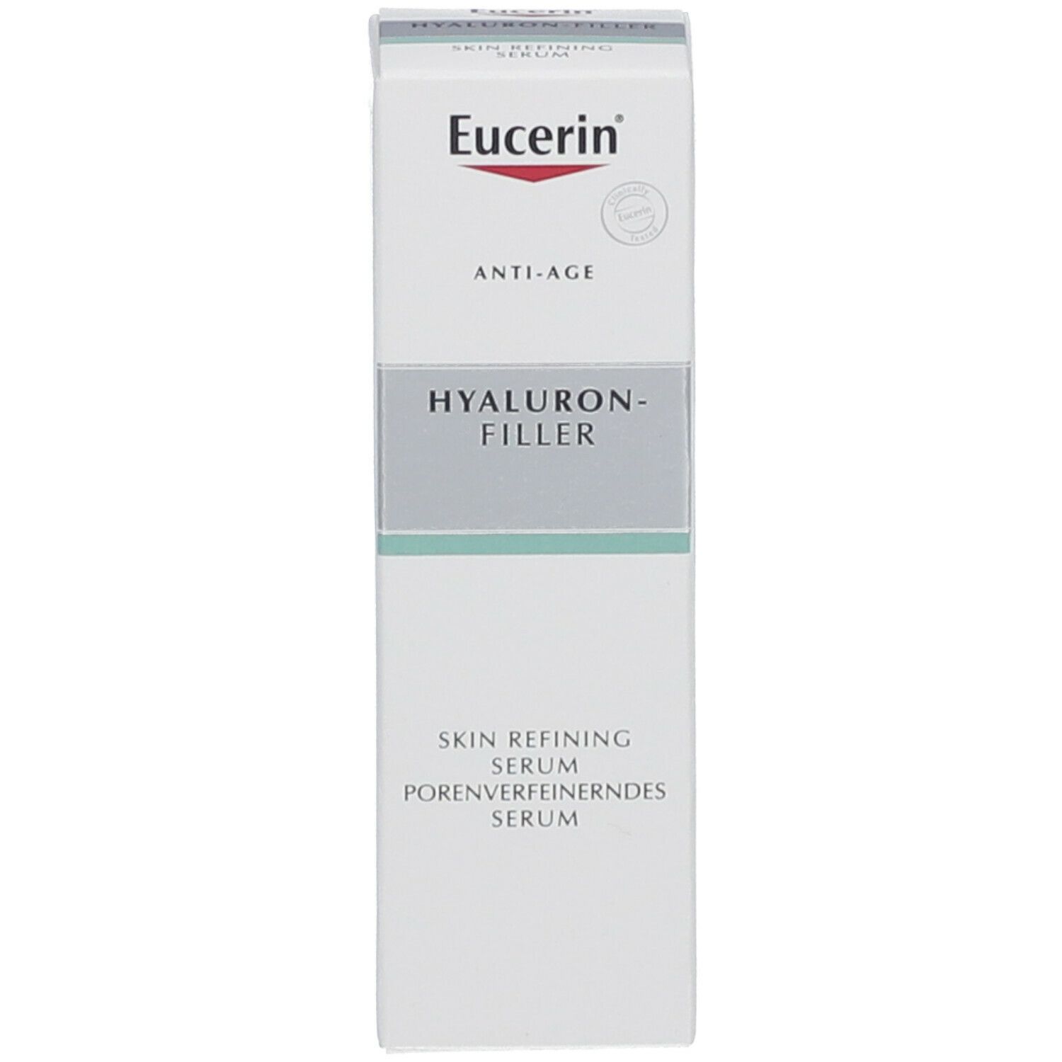 Weiße Produktverpackung. Aufschrift: Eucerin, Anti-Age, Hyaluron-Filler, Skin Refining Serum, Porenverfeinerndes Serum.