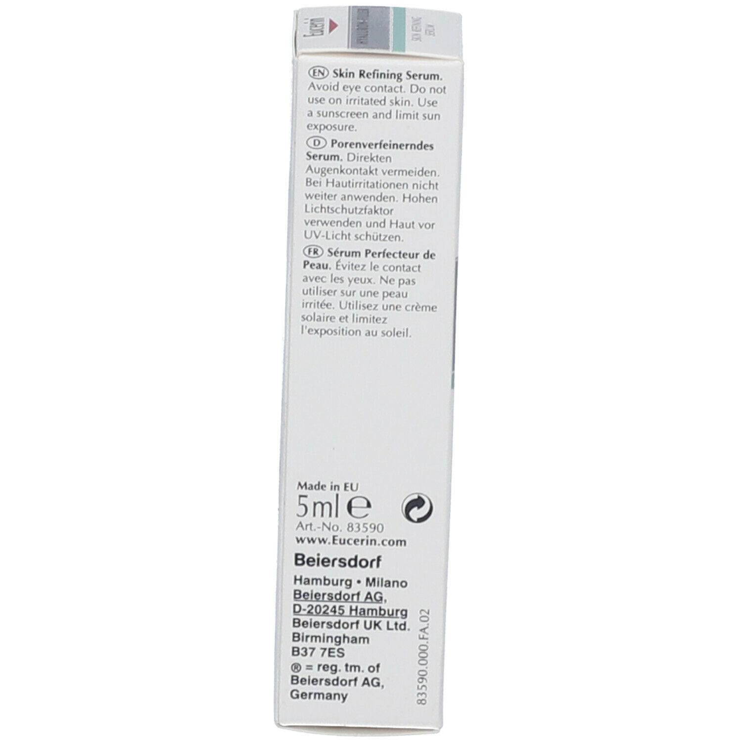 Rückseite der Produktverpackung. Enthält Informationen zu Anwendung und Inhaltsstoffen. Hergestellt in der EU.