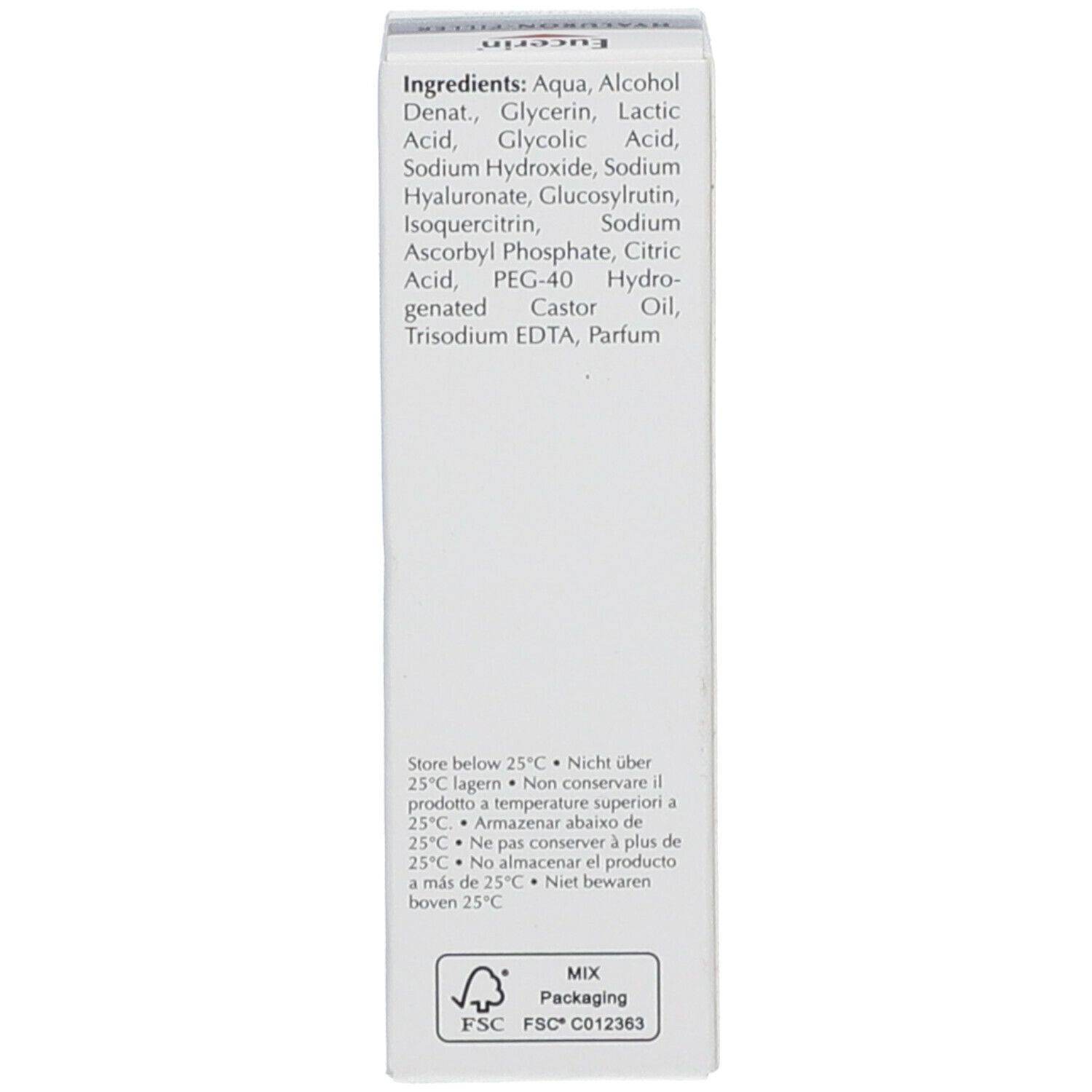 Seitenansicht der Produktverpackung. Enthält Informationen zu Inhaltsstoffen und Lagerungshinweisen. FSC-Zertifizierung.