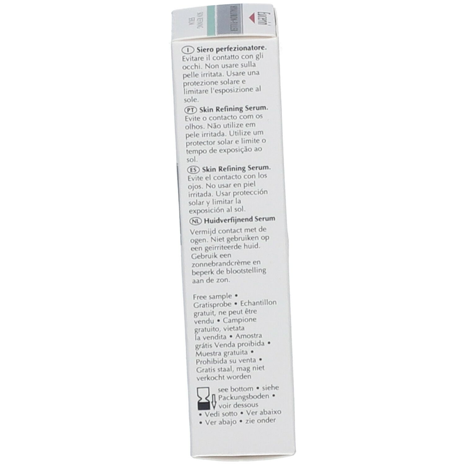 Seite der Produktverpackung. Enthält Informationen zur Anwendung in verschiedenen Sprachen. Kostenlose Probe.