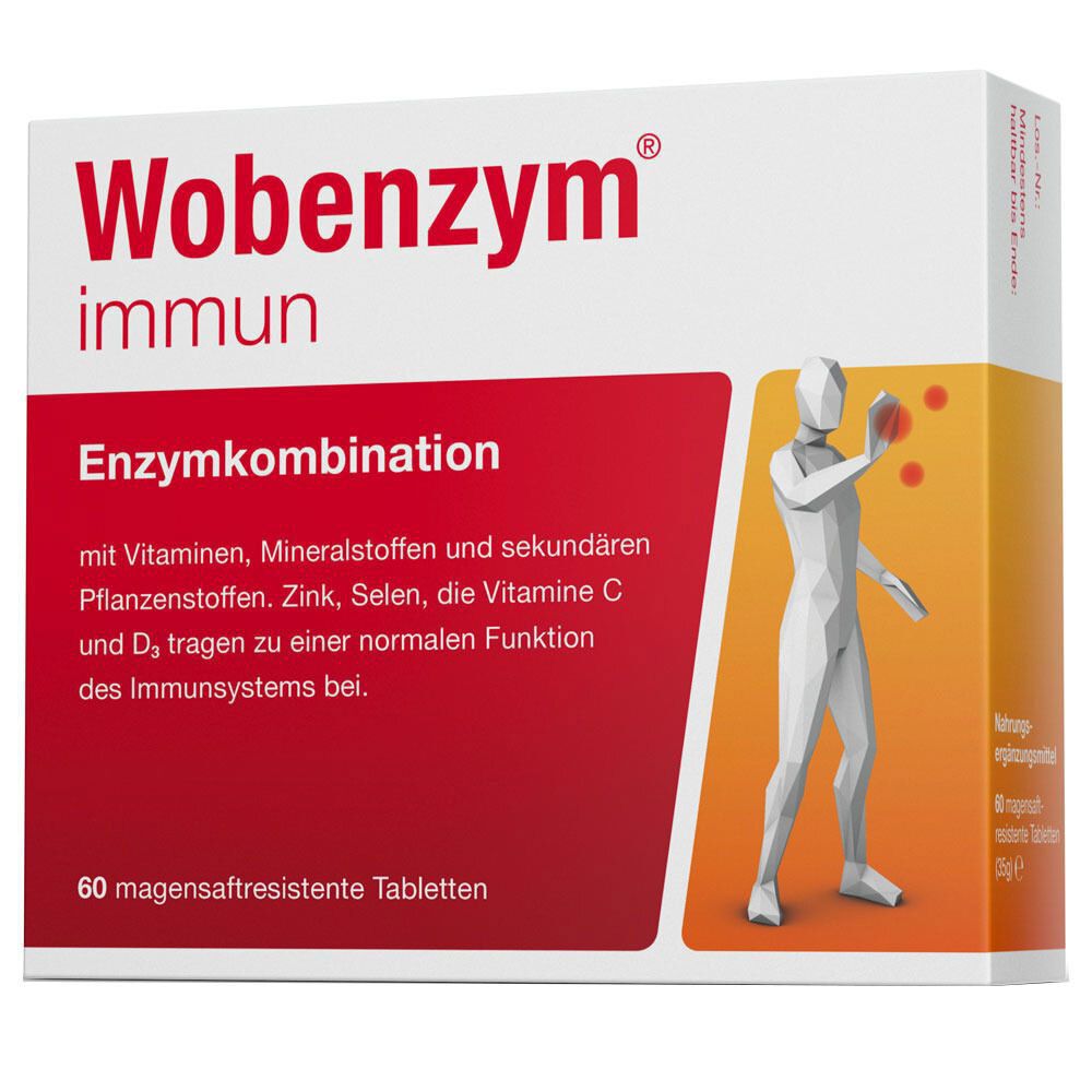 Wobenzym immun-Verpackung. Rote und weiße Schachtel mit Produktnamen und Illustration. 60 magensaftresistente Tabletten.