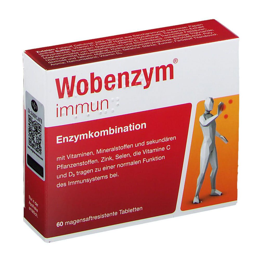 Wobenzym immun-Verpackung, schräg. Rote und weiße Schachtel mit Produktnamen und Illustration. 60 magensaftresistente Tabletten.