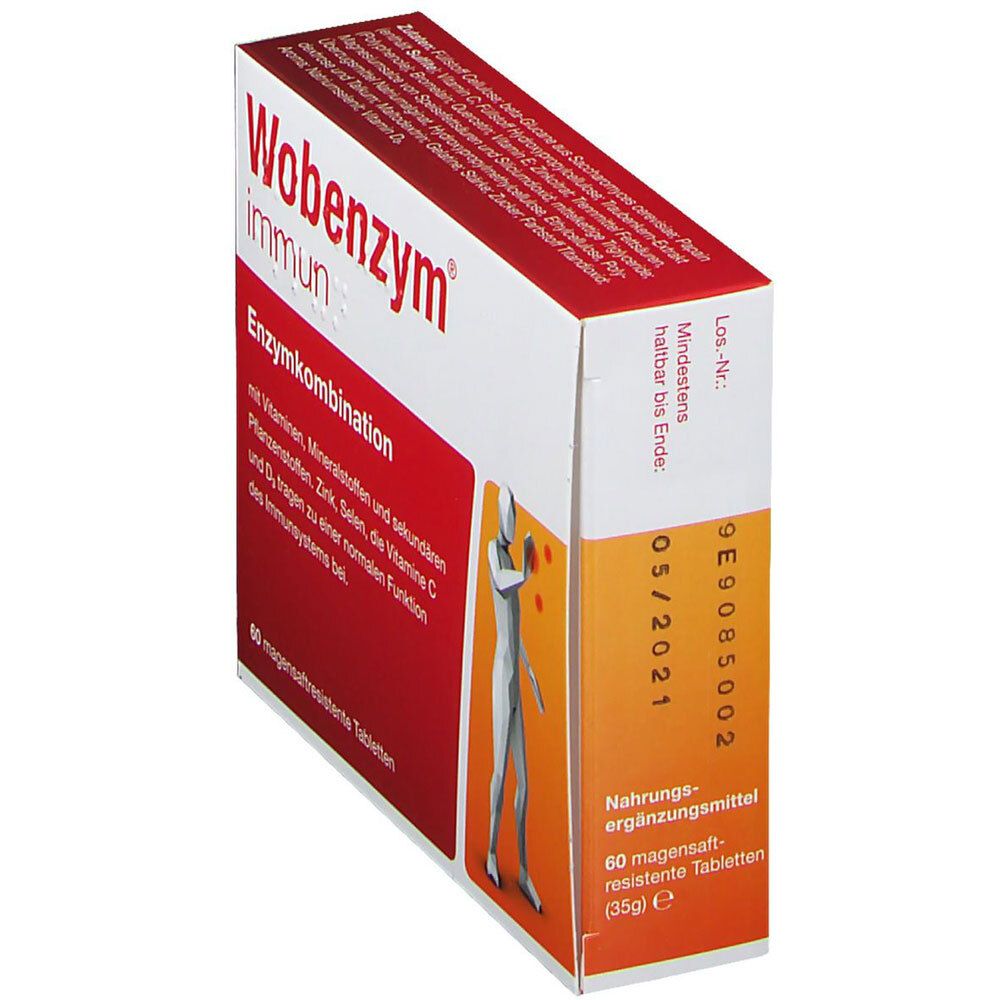 Wobenzym immun-Verpackung, schräg. Rote und weiße Schachtel mit Produktnamen und Illustration. Mindesthaltbarkeitsdatum.