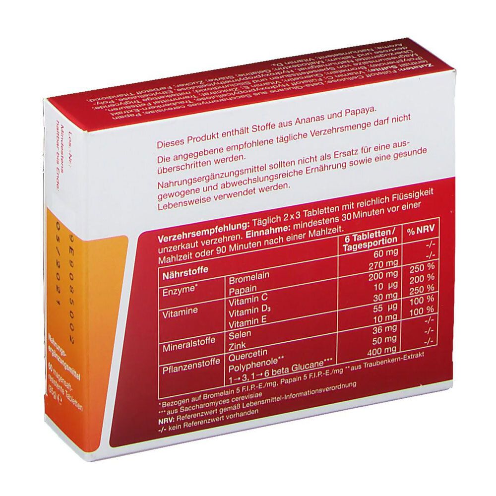 Rückseite der Wobenzym immun-Verpackung. Enthält Nährwertangaben und Verzehrempfehlung. Rote und weiße Verpackung.